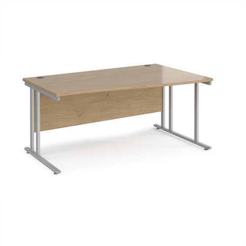 Maestro 25 right hand wave desk 1600mm wide - silver cantilever leg frame, Kendal oak top