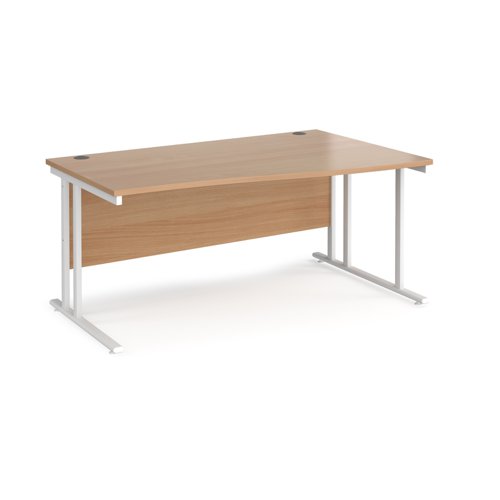 Maestro 25 right hand wave desk 1600mm wide - white cantilever leg frame, beech top