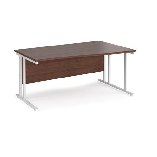 Maestro 25 right hand wave desk 1600mm wide - white cantilever leg frame, walnut top