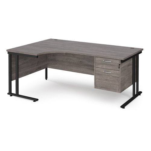 Maestro 25 left hand ergonomic desk 1800mm wide with 2 drawer pedestal - black cantilever leg frame, grey oak top