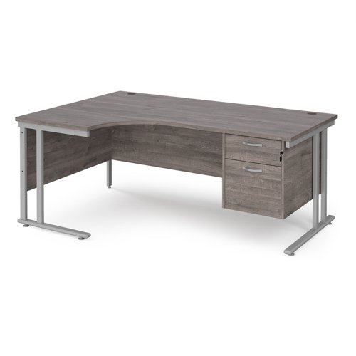 Maestro 25 left hand ergonomic desk 1800mm wide with 2 drawer pedestal - silver cantilever leg frame, grey oak top