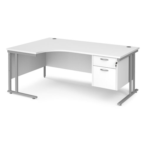 Maestro 25 left hand ergonomic desk 1800mm wide with 2 drawer pedestal - silver cantilever leg frame, white top