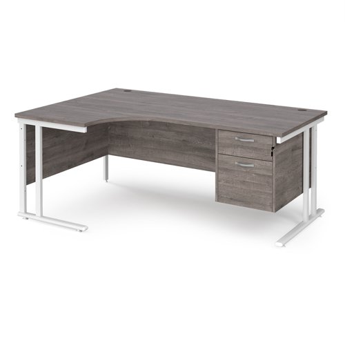 Maestro 25 Left Hand Ergonomic Desk 1800mm Wide With 2 Drawer Pedestal White Cantilever Leg Frame Grey Oak Top