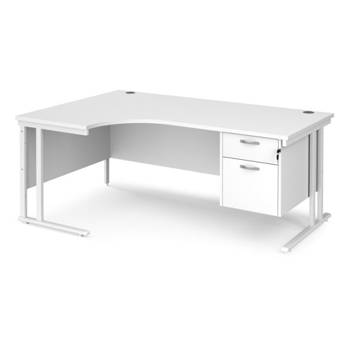 Maestro 25 left hand ergonomic desk 1800mm wide with 2 drawer pedestal - white cantilever leg frame, white top