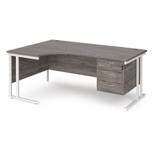 Maestro 25 left hand ergonomic desk 1800mm wide with 3 drawer pedestal - white cantilever leg frame, grey oak top
