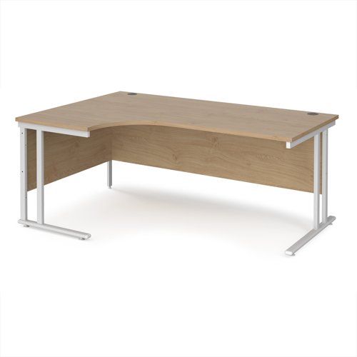 Maestro 25 left hand ergonomic desk 1800mm wide - white cantilever leg frame, Kendal oak top