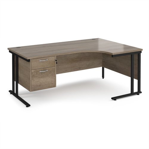 Maestro 25 right hand ergonomic desk 1800mm wide with 2 drawer pedestal - black cantilever leg frame, Nebraska oak top