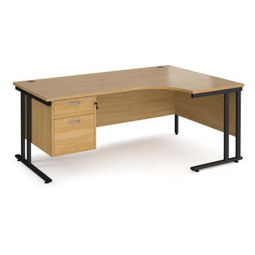 Maestro 25 right hand ergonomic desk 1800mm wide with 2 drawer pedestal - black cantilever leg frame, oak top