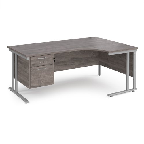 Maestro 25 right hand ergonomic desk 1800mm wide with 2 drawer pedestal - silver cantilever leg frame, grey oak top