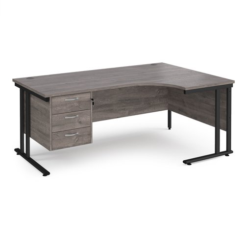 Maestro 25 right hand ergonomic desk 1800mm wide with 3 drawer pedestal - black cantilever leg frame, grey oak top  MC18ERP3KGO