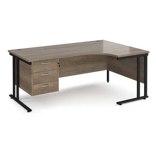 Maestro 25 right hand ergonomic desk 1800mm wide with 3 drawer pedestal - black cantilever leg frame, Nebraska oak top