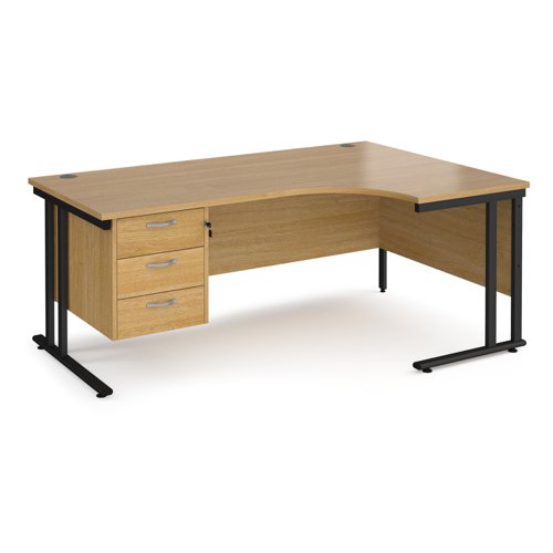 Maestro 25 right hand ergonomic desk 1800mm wide with 3 drawer pedestal - black cantilever leg frame, oak top