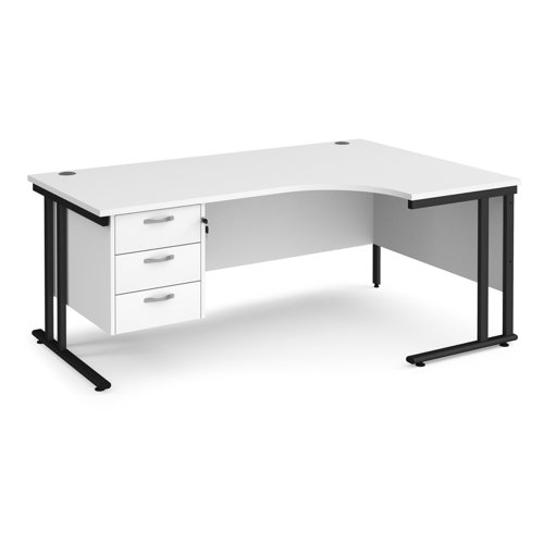 Maestro 25 right hand ergonomic desk 1800mm wide with 3 drawer pedestal - black cantilever leg frame, white top
