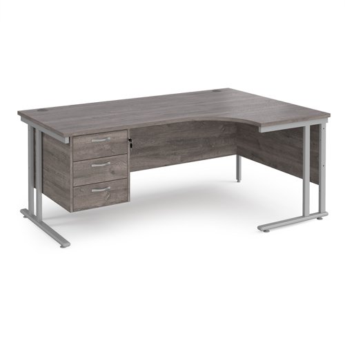 Maestro 25 right hand ergonomic desk 1800mm wide with 3 drawer pedestal - silver cantilever leg frame, grey oak top