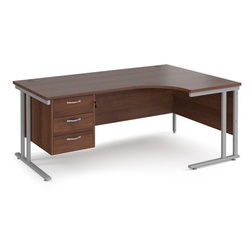 Maestro 25 right hand ergonomic desk 1800mm wide with 3 drawer pedestal - silver cantilever leg frame, walnut top