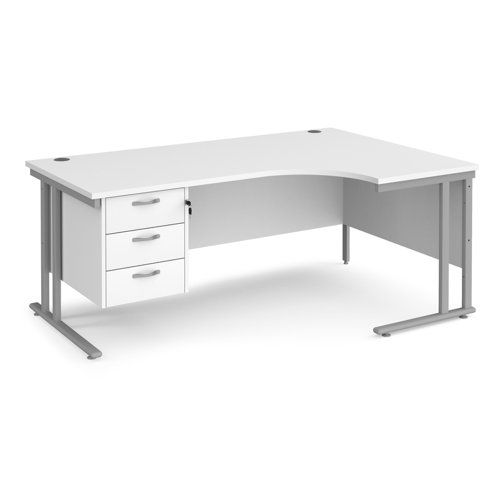 Maestro 25 right hand ergonomic desk 1800mm wide with 3 drawer pedestal - silver cantilever leg frame, white top