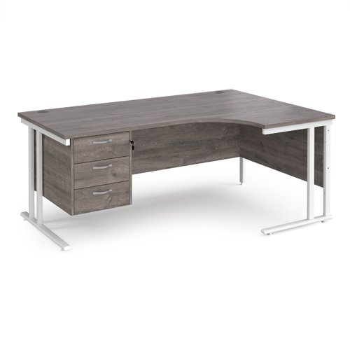 Maestro 25 right hand ergonomic desk 1800mm wide with 3 drawer pedestal - white cantilever leg frame, grey oak top