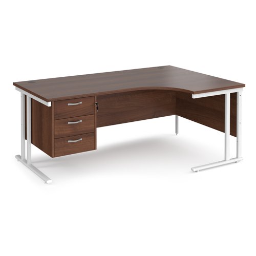 Maestro 25 right hand ergonomic desk 1800mm wide with 3 drawer pedestal - white cantilever leg frame, walnut top