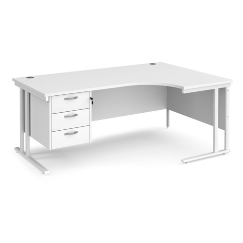 Maestro 25 right hand ergonomic desk 1800mm wide with 3 drawer pedestal - white cantilever leg frame, white top