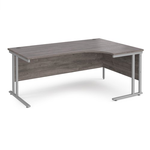 Maestro 25 right hand ergonomic desk 1800mm wide - silver cantilever leg frame, grey oak top