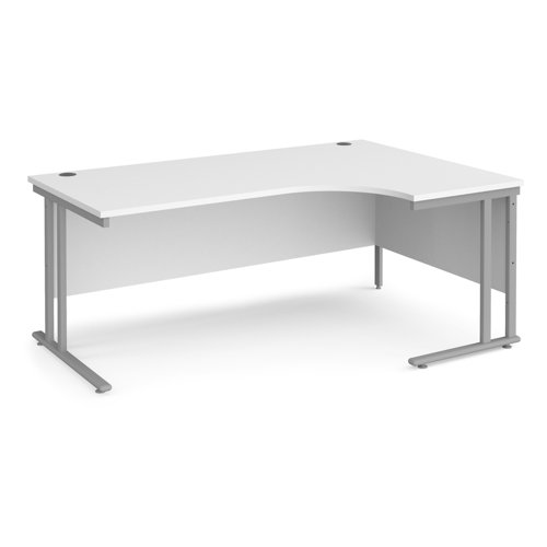 Maestro 25 right hand ergonomic desk 1800mm wide - silver cantilever leg frame, white top MC18ERSWH Buy online at Office 5Star or contact us Tel 01594 810081 for assistance