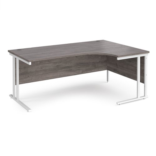 Maestro 25 right hand ergonomic desk 1800mm wide - white cantilever leg frame, grey oak top