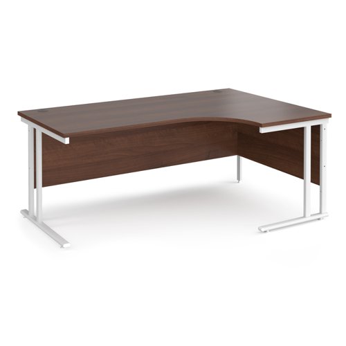 Maestro 25 right hand ergonomic desk 1800mm wide - white cantilever leg frame, walnut top