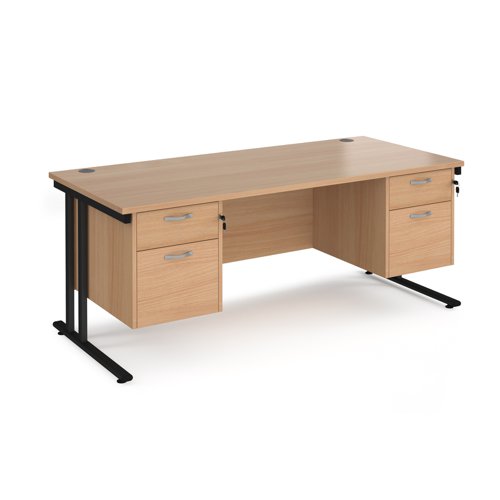 Maestro 25 straight desk 1800mm x 800mm with two x 2 drawer pedestals - black cantilever leg frame, beech top