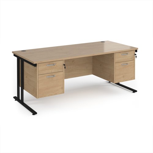 Maestro 25 straight desk 1800mm x 800mm with two x 2 drawer pedestals - black cantilever leg frame, Kendal oak top
