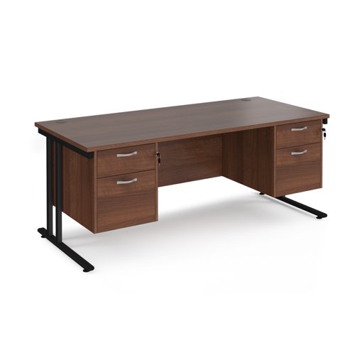 Maestro 25 straight desk 1800mm x 800mm with two x 2 drawer pedestals - black cantilever leg frame, walnut top