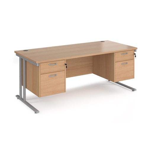 Maestro 25 straight desk 1800mm x 800mm with two x 2 drawer pedestals - silver cantilever leg frame, beech top