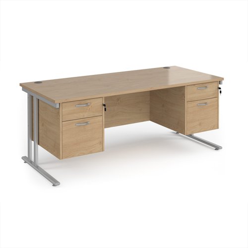 Maestro 25 straight desk 1800mm x 800mm with two x 2 drawer pedestals - silver cantilever leg frame, Kendal oak top