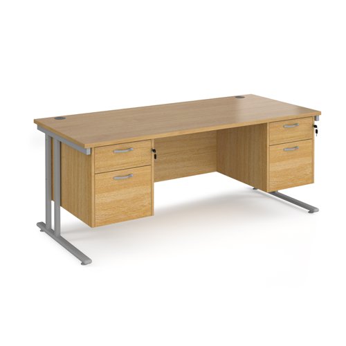 Maestro 25 straight desk 1800mm x 800mm with two x 2 drawer pedestals - silver cantilever leg frame, oak top