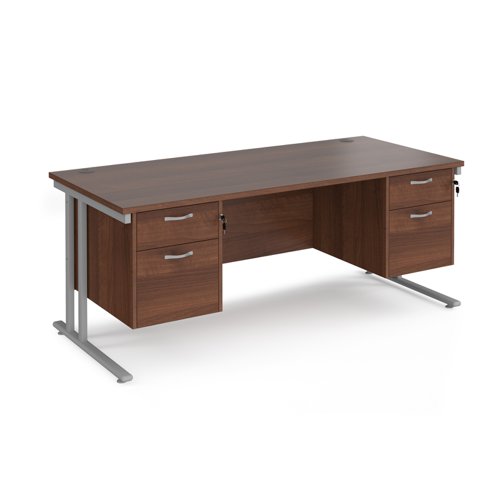 Maestro 25 straight desk 1800mm x 800mm with two x 2 drawer pedestals - silver cantilever leg frame, walnut top