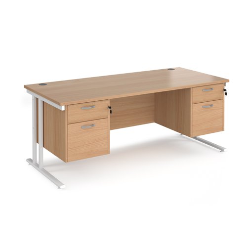 Maestro 25 straight desk 1800mm x 800mm with two x 2 drawer pedestals - white cantilever leg frame, beech top
