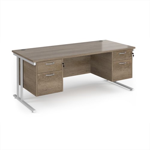 Maestro 25 straight desk 1800mm x 800mm with two x 2 drawer pedestals - white cantilever leg frame, Nebraska oak top