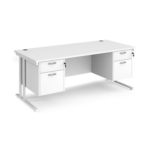 Maestro 25 straight desk 1800mm x 800mm with two x 2 drawer pedestals - white cantilever leg frame, white top