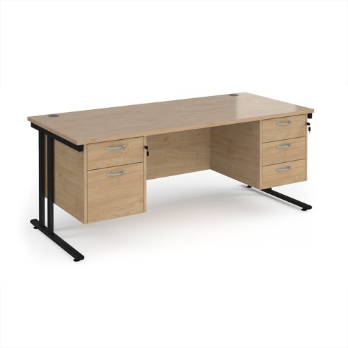 Maestro 25 straight desk 1800mm x 800mm with 2 and 3 drawer pedestals - black cantilever leg frame, Kendal oak top