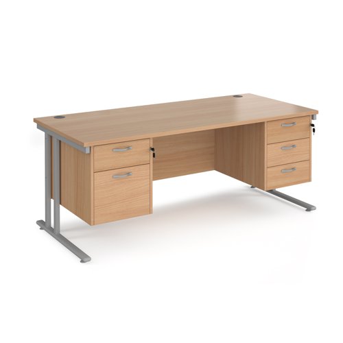 Maestro 25 straight desk 1800mm x 800mm with 2 and 3 drawer pedestals - silver cantilever leg frame, beech top Office Desks MC18P23SB