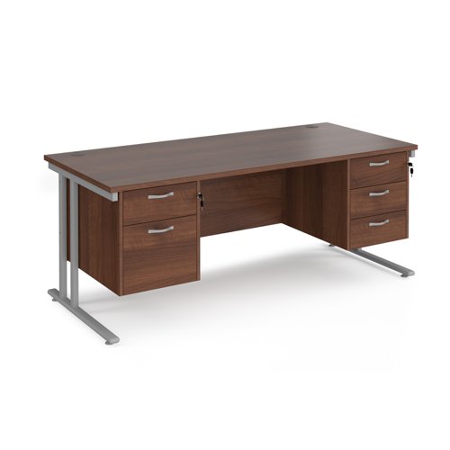 Maestro 25 straight desk 1800mm x 800mm with 2 and 3 drawer pedestals - silver cantilever leg frame, walnut top