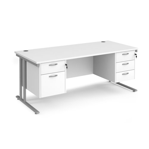 Maestro 25 straight desk 1800mm x 800mm with 2 and 3 drawer pedestals - silver cantilever leg frame, white top