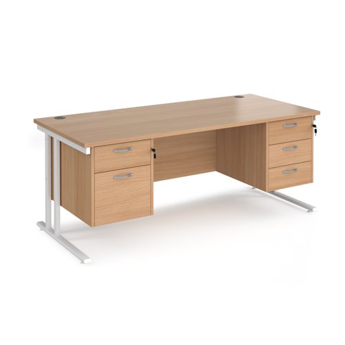 Maestro 25 straight desk 1800mm x 800mm with 2 and 3 drawer pedestals - white cantilever leg frame, beech top