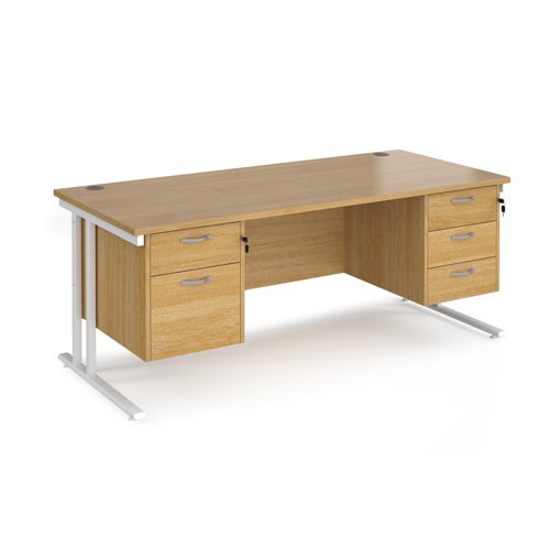 Maestro 25 straight desk 1800mm x 800mm with 2 and 3 drawer pedestals - white cantilever leg frame, oak top