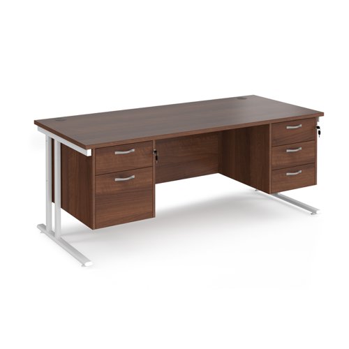 Maestro 25 straight desk 1800mm x 800mm with 2 and 3 drawer pedestals - white cantilever leg frame, walnut top