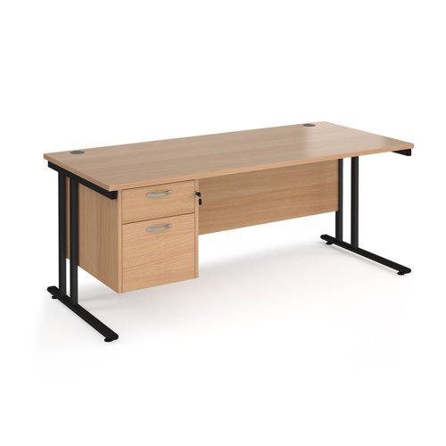 Maestro 25 straight desk 1800mm x 800mm with 2 drawer pedestal - black cantilever leg frame, beech top