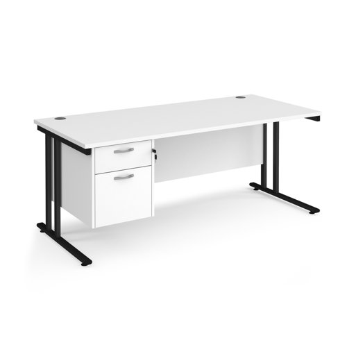Maestro 25 straight desk 1800mm x 800mm with 2 drawer pedestal - black cantilever leg frame, white top