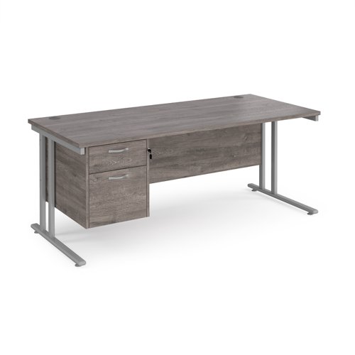 Maestro 25 straight desk 1800mm x 800mm with 2 drawer pedestal - silver cantilever leg frame, grey oak top