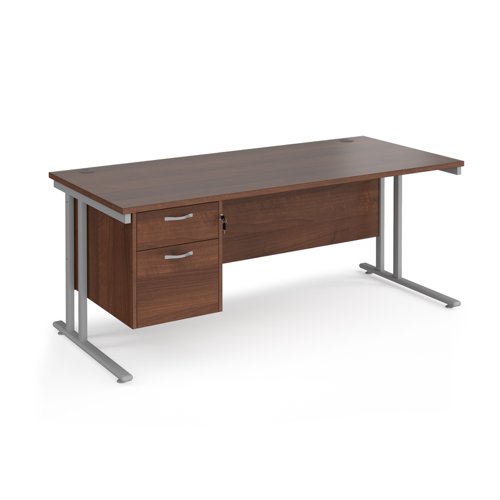 Maestro 25 straight desk 1800mm x 800mm with 2 drawer pedestal - silver cantilever leg frame, walnut top