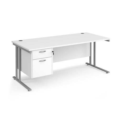 Maestro 25 straight desk 1800mm x 800mm with 2 drawer pedestal - silver cantilever leg frame, white top MC18P2SWH Buy online at Office 5Star or contact us Tel 01594 810081 for assistance