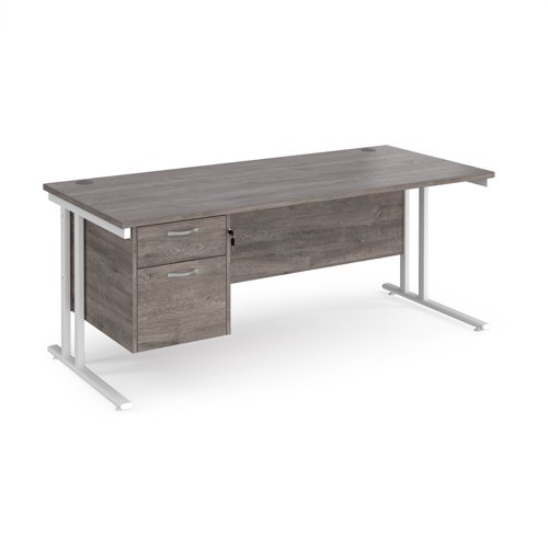 Maestro 25 straight desk 1800mm x 800mm with 2 drawer pedestal - white cantilever leg frame, grey oak top